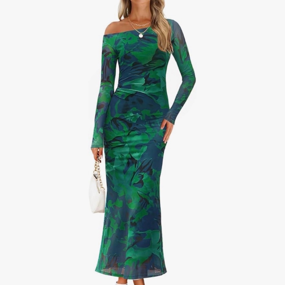 Chic Green Floral Long Sleeve Dress